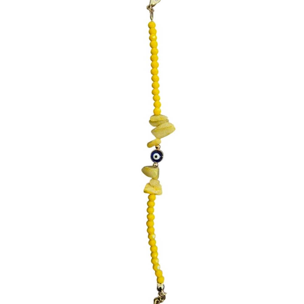 Yellow Evil Eye Beaded Bracelet Gold Tone Adjustable Handmade - Picture 4 of 4